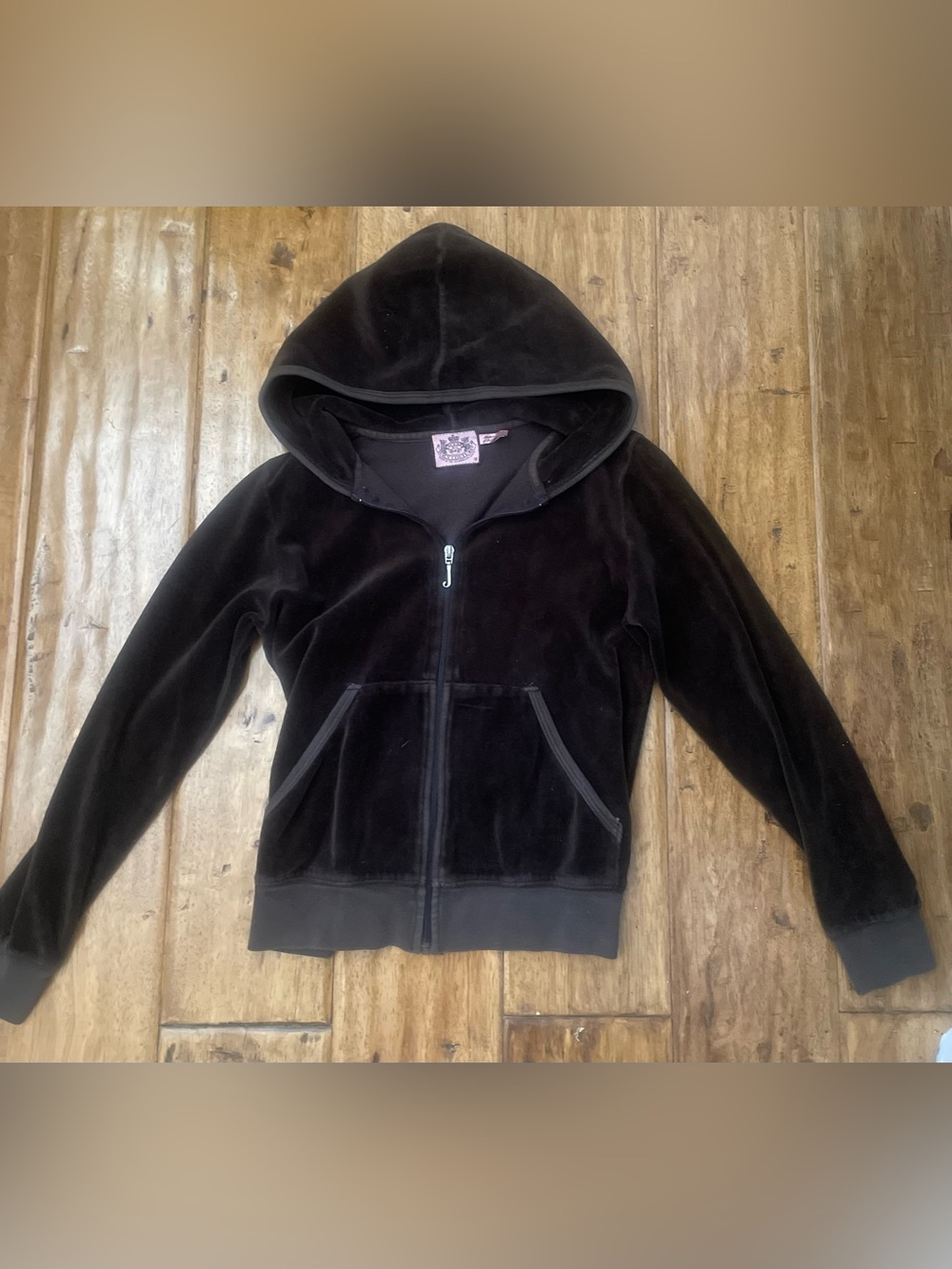 Y2K Juicy Couture velour hoodie in dark brown with pink back design. Size 12.